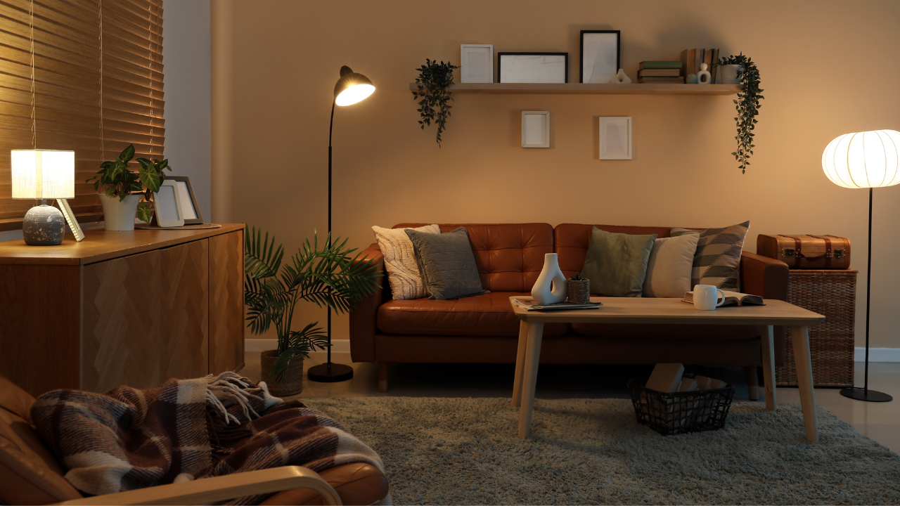 Innenansicht eines dunklen Wohnzimmers mit leuchtenden Lampen, Sofa und Regal bei Nacht